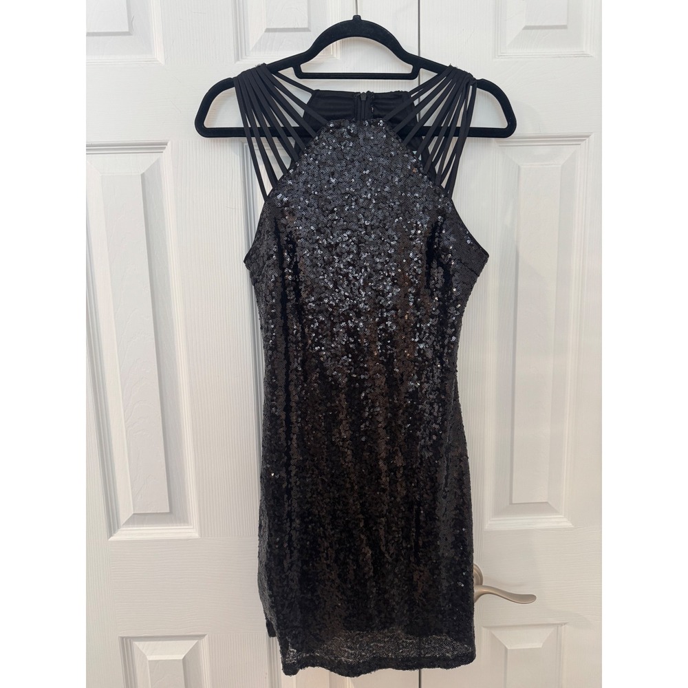 She + Sky Black Sequin Mini Dress Strappy Halter Bodycon Party SL5823 Womens S